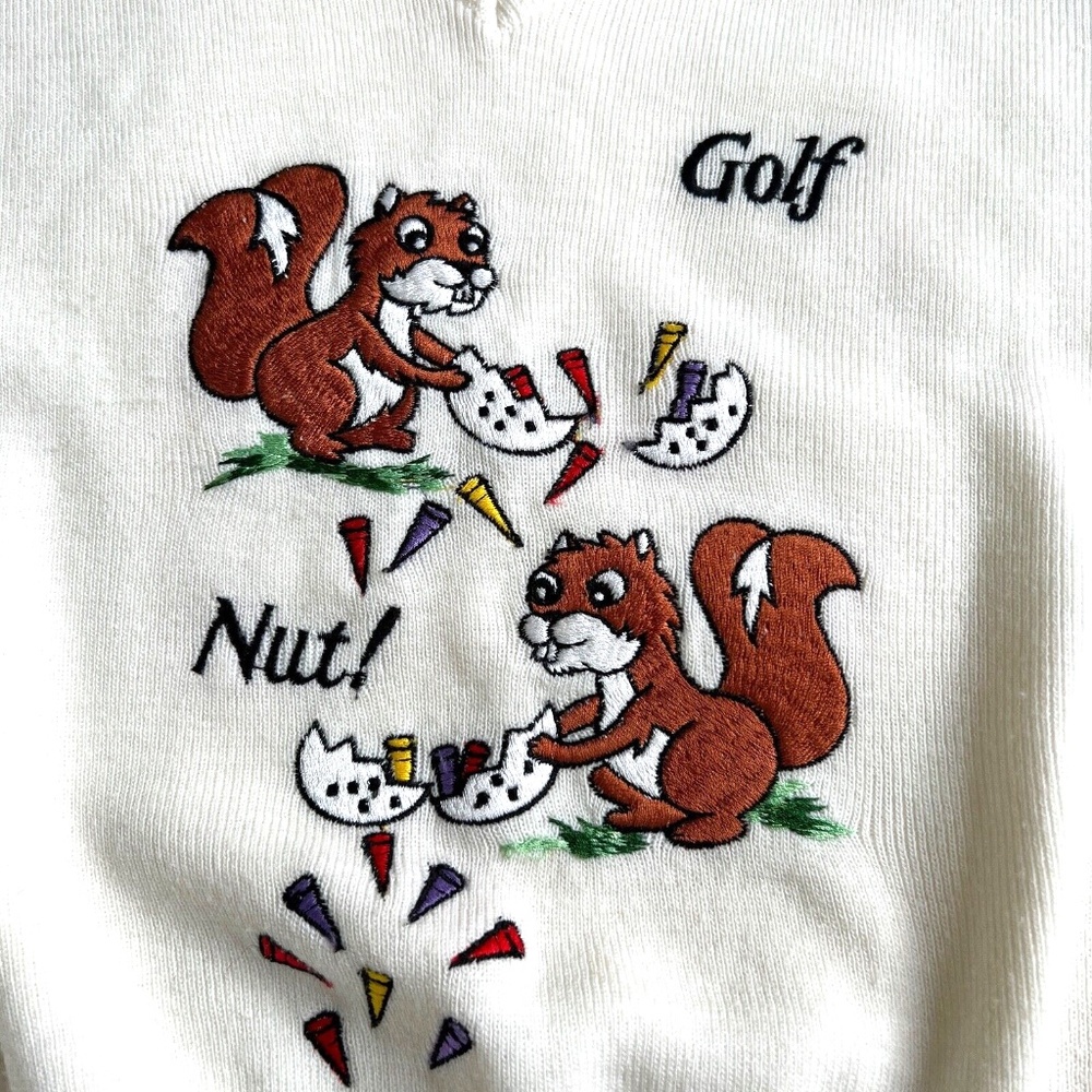Vintage Lilly of California Sweater Golf Nut 2 Squirrels Size S Cream Funny